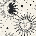 Seamless celestial pattern featuring stylized sun and crescent moon with human faces Royalty Free Stock Photo